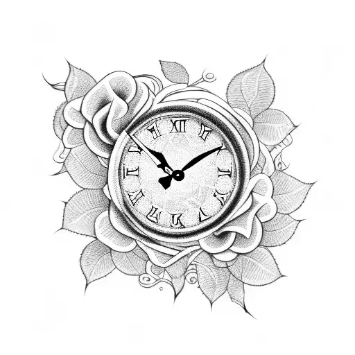 A clock with intricate rose vines wrapping around it tattoo design idea