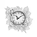 A clock with intricate rose vines wrapping around it tattoo design idea