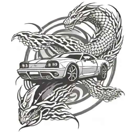 A sleek sports car with dragon scales and basketball textures, racing through a cosmic landscape tattoo design idea