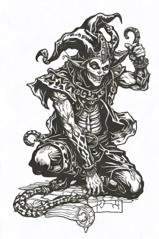 Depresive Jester FullBody cutting his wrist, no background just jester tattoo design idea