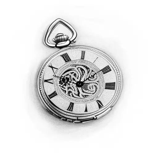 Black and Grey "Pocket Watch With Raven" Tattoo Idea BlackInk AI