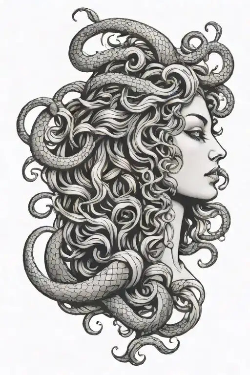  elegant outline of Medusa's face on one side, with her characteristic snake hair framing her features. As your eyes mo  tattoo design idea