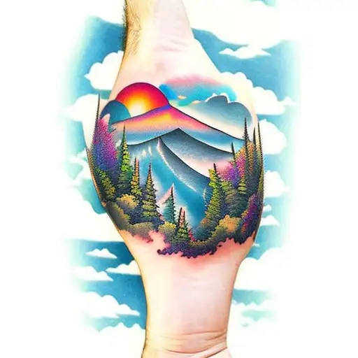 forearm tattoo with the ocean, forest, mountains, and sunset with clouds tattoo design idea