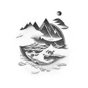 forearm tattoo that has the ocean, sand, and forest with mountains and a sunset and clouds behind tattoo design idea