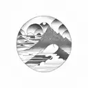 forearm tattoo that has the ocean, sand, and forest with mountains and a sunset and clouds behind tattoo design idea