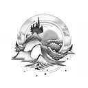 forearm tattoo that has the ocean, sand, and forest with mountains and a sunset and clouds behind tattoo design idea