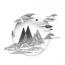 forearm tattoo that has the ocean, sand, and forest with mountains and a sunset and clouds behind tattoo design idea