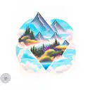 forearm tattoo with the ocean, forest, mountains, and sunset with clouds tattoo design idea