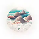 forearm tattoo with the ocean, forest, mountains, and sunset with clouds tattoo design idea