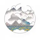 forearm tattoo with the ocean, forest, mountains, and sunset with clouds tattoo design idea