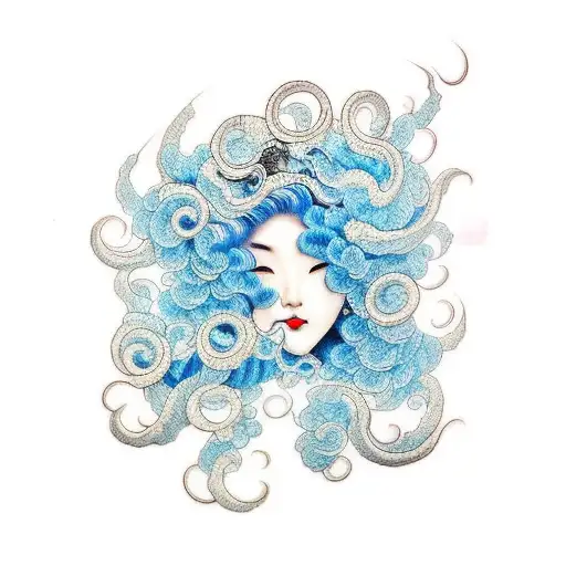 god from heaven blowing light blue curly waves tattoo design idea