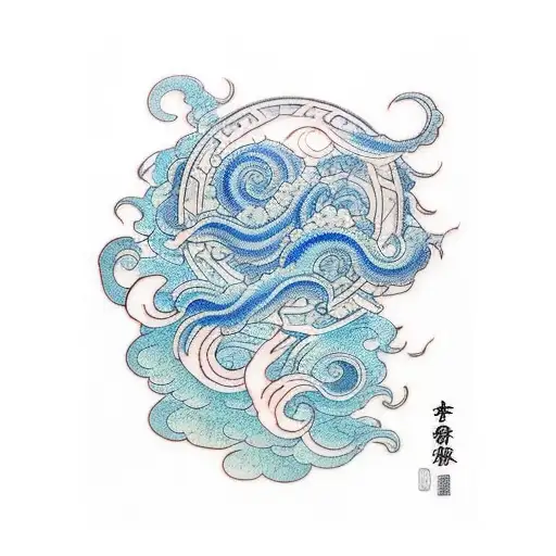arm tattoo god from heaven blowing light blue curly waves tattoo design idea