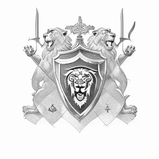 shield crest with two lions, a sword and moto of serviendo guberno tattoo design idea