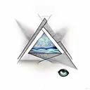 a triangle with a realistic eye in it and two fishes around the triangle tattoo design idea