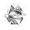 a triangle with a realistic eye in it and two fishes around the triangle tattoo design idea