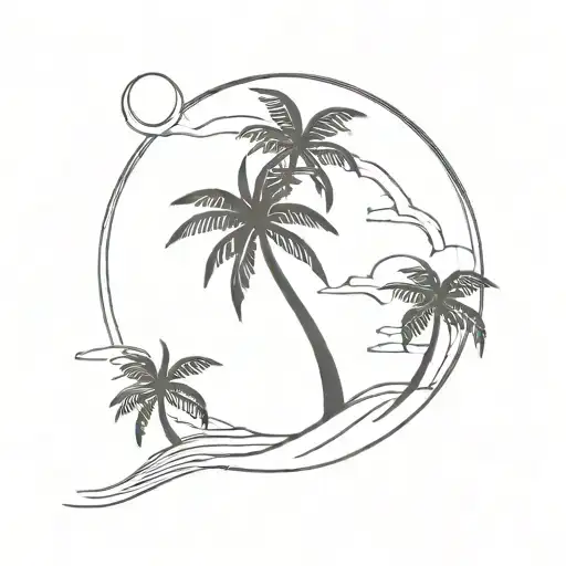 palm tree sun shining aeroplane waves flowing tattoo design idea