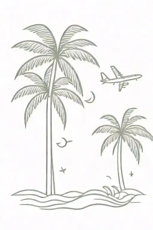 sunshine palm trees aeroplane and waves flowing tattoo design idea
