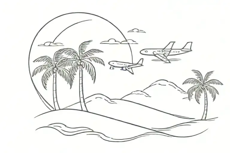 sunshine palm trees aeroplane and waves flowing tattoo design idea