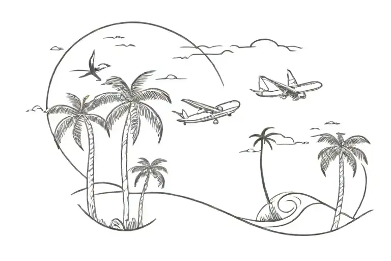 sunshine palm trees aeroplane and waves flowing tattoo design idea