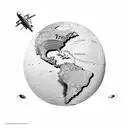 avion dans un globe terrestre aspirer dans un trou noir qui contient des etoiles  tattoo design idea