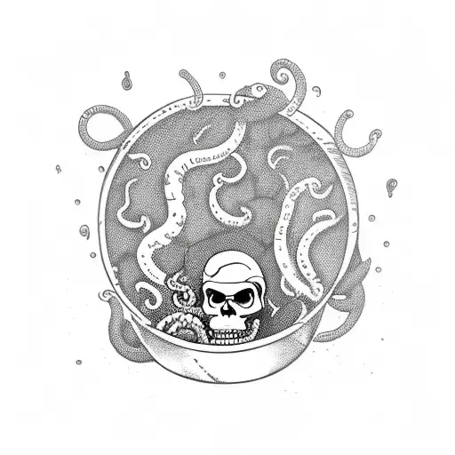 pirate floating in a rum barrel, his ship sinking by a kraken tentacle tattoo design idea