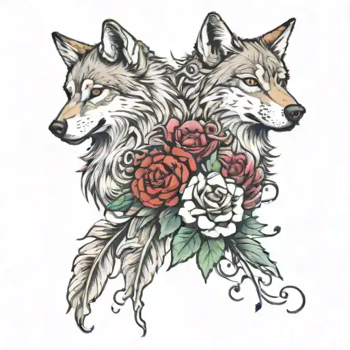 a wolf with two faces one with flowers with some rotting and a Rolex  tattoo design idea