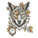 a wolf with two faces one with flowers with some rotting and a Rolex  tattoo design idea