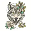a wolf with two faces one with flowers with some rotting and a Rolex  tattoo design idea