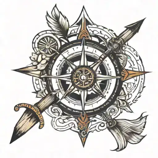 tomahawk, archery arrow, compass rose intertwined, canoe and water tattoo design idea