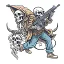 skeleton holding a sniper gun and a ghosts ✋  tattoo design idea
