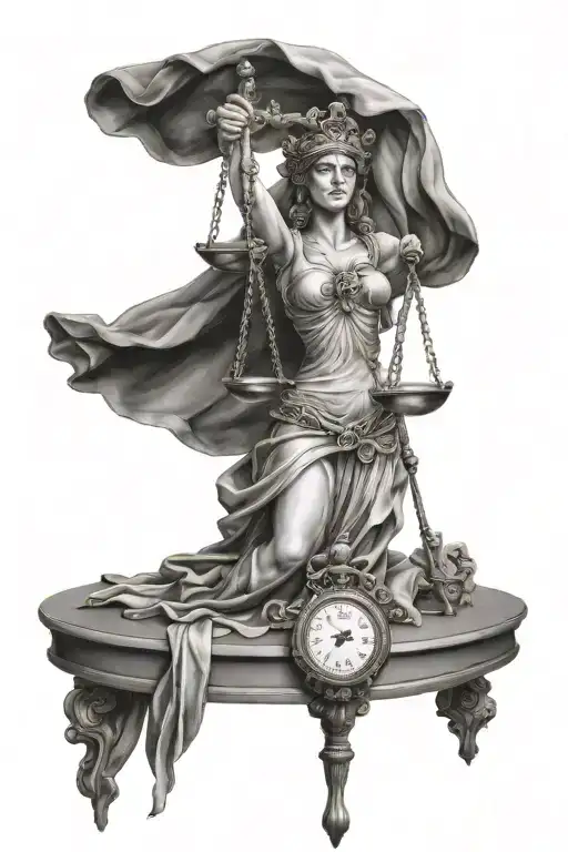 lady justice blindfolded, discipline, passage of time and memento mori tattoo design idea