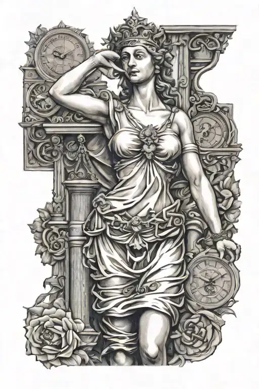 forearm sleeve depicting lady justice, discipline, passage of time and memento mori tattoo design idea