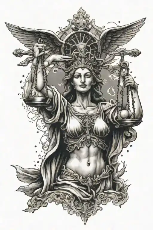 lady justice blindfolded, discipline, passage of time and memento mori tattoo design idea