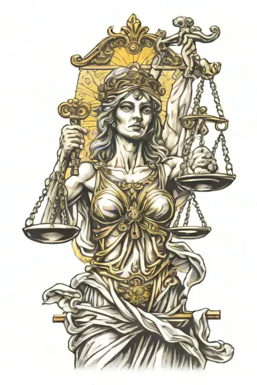 lady justice blindfolded, discipline, passage of time and memento mori tattoo design idea