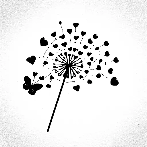 line art tattoo with hearts, butterfly and dandelion seeds tattoo design idea