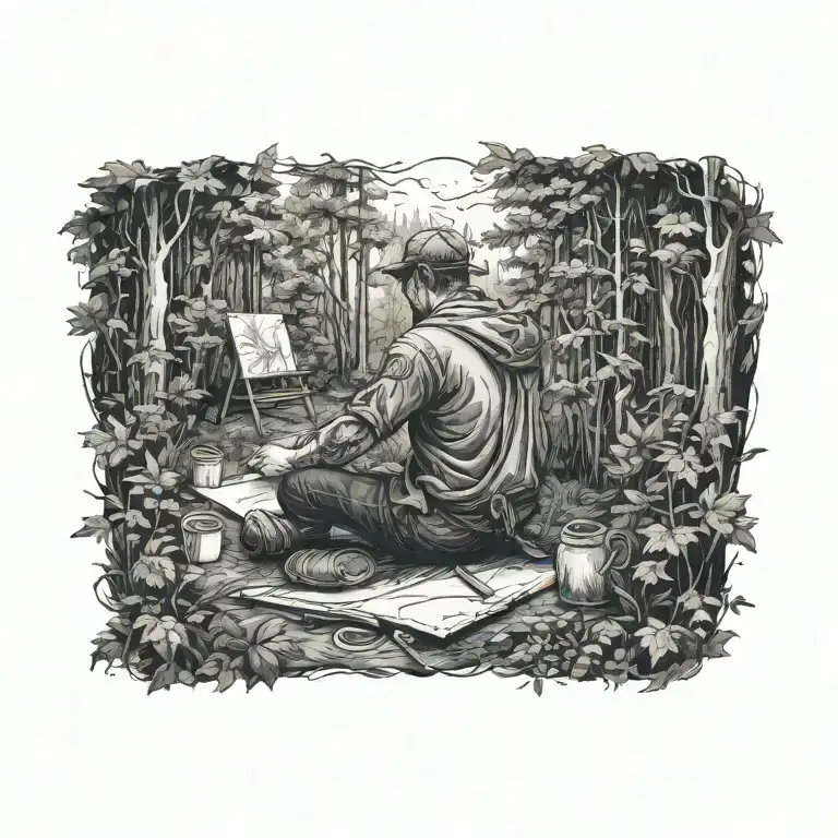 An artist is sitting in forest and drawing on a canvas. tattoo design idea
