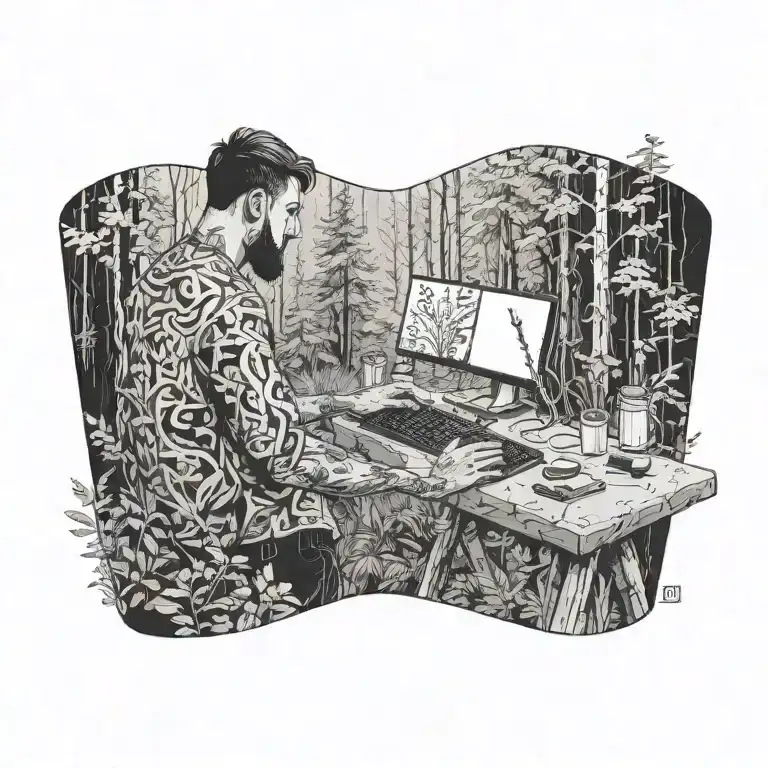 The artist stands in the forest and paints on a large canvas. Left hand holding a computer keyboard The right hand holds tattoo design idea