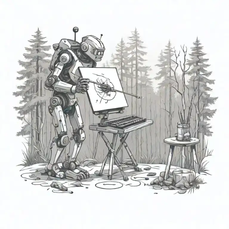 Robot artist stands in the forest and paints on a large canvas left hand holds a keyboard right hand holds a paintbrush tattoo design idea