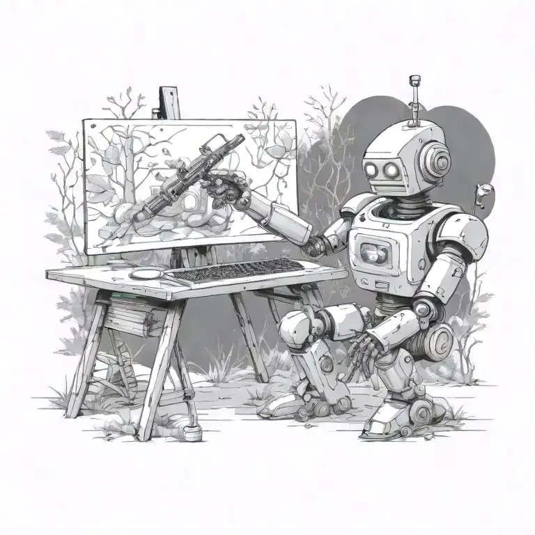 Robot artist stands in the forest and paints on a large canvas left hand holds a keyboard right hand holds a paintbrush tattoo design idea