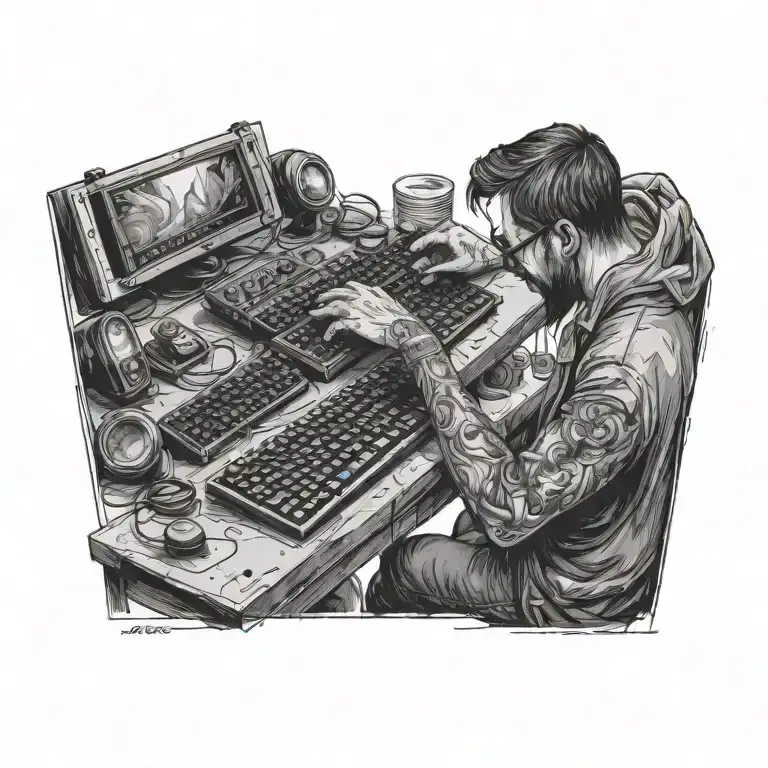 An artist is sitting and drawing on a canvas using a computer keyboard. tattoo design idea