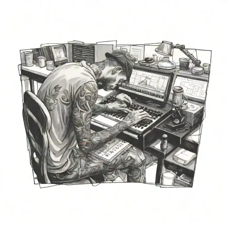 An artist is sitting and drawing on a canvas using a keyboard. tattoo design idea