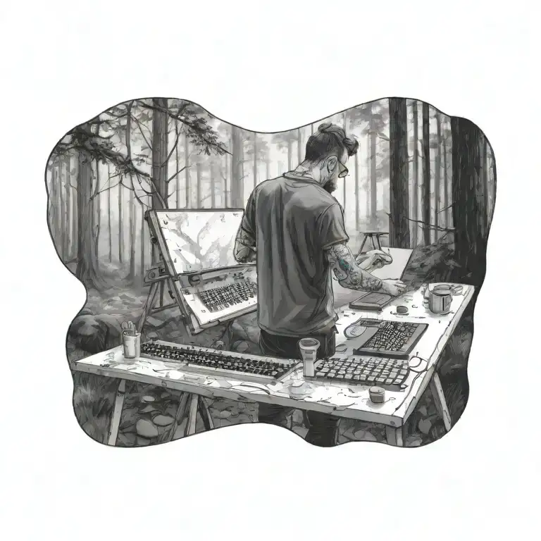 The artist stands in the forest and paints on a large canvas. Left hand holding a computer keyboard The right hand holds tattoo design idea