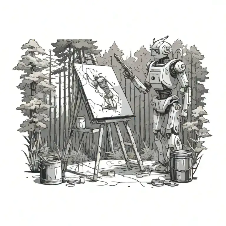 Robot artist stands in the forest and paints on a large canvas.  tattoo design idea