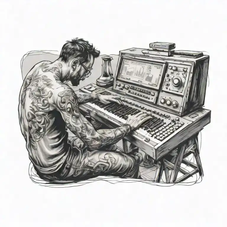 An artist is sitting and drawing on a canvas using a keyboard. tattoo design idea