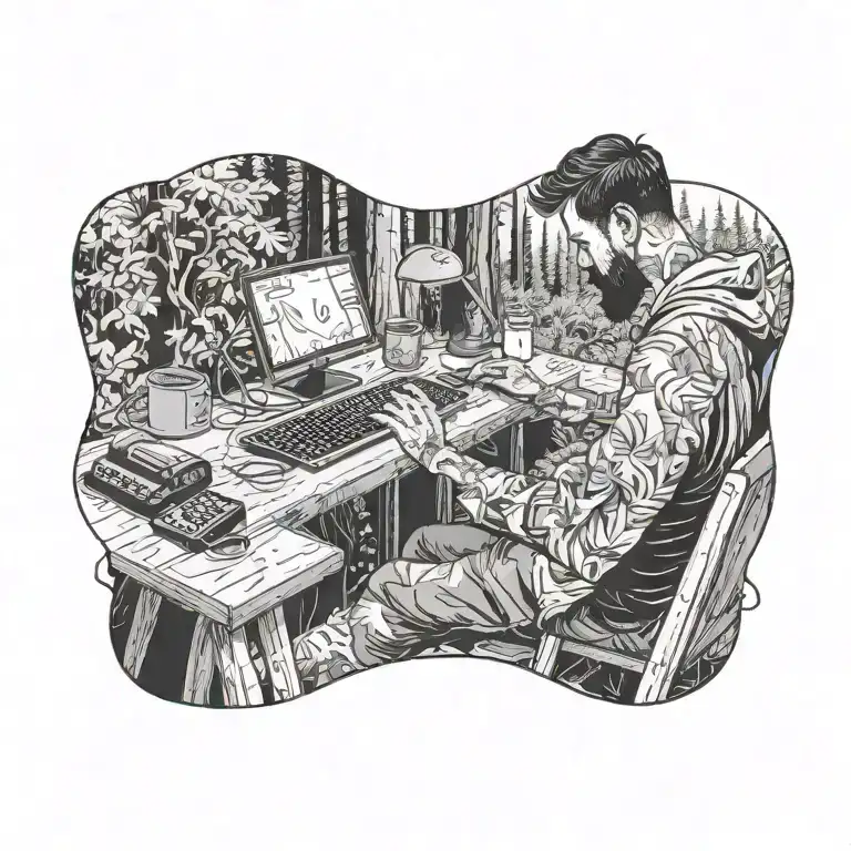 An artist is sitting in forest and drawing on a canvas using a computer keyboard. tattoo design idea