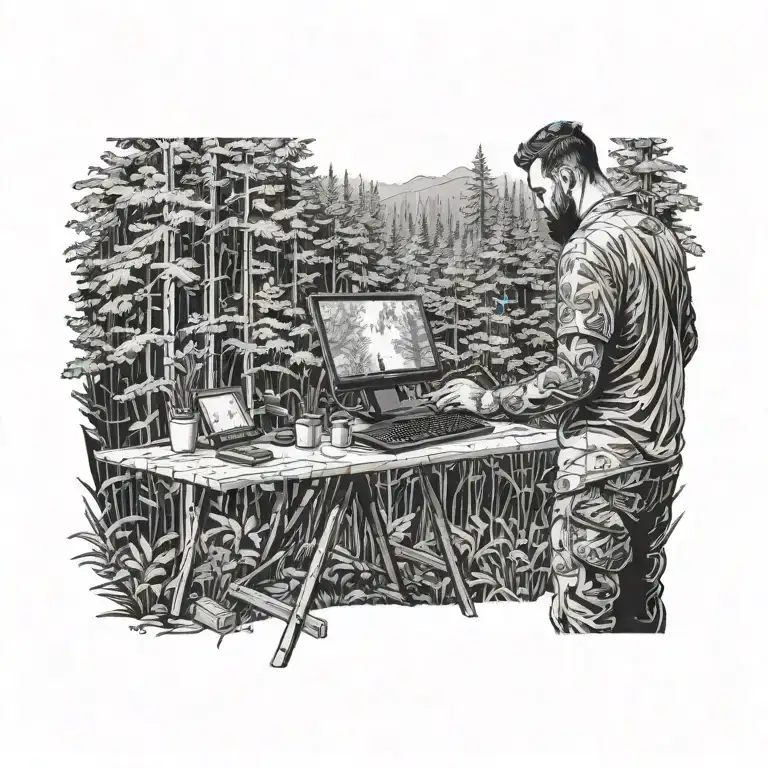 The artist stands in the forest and paints on a large canvas. Left hand holding a computer keyboard The right hand holds tattoo design idea