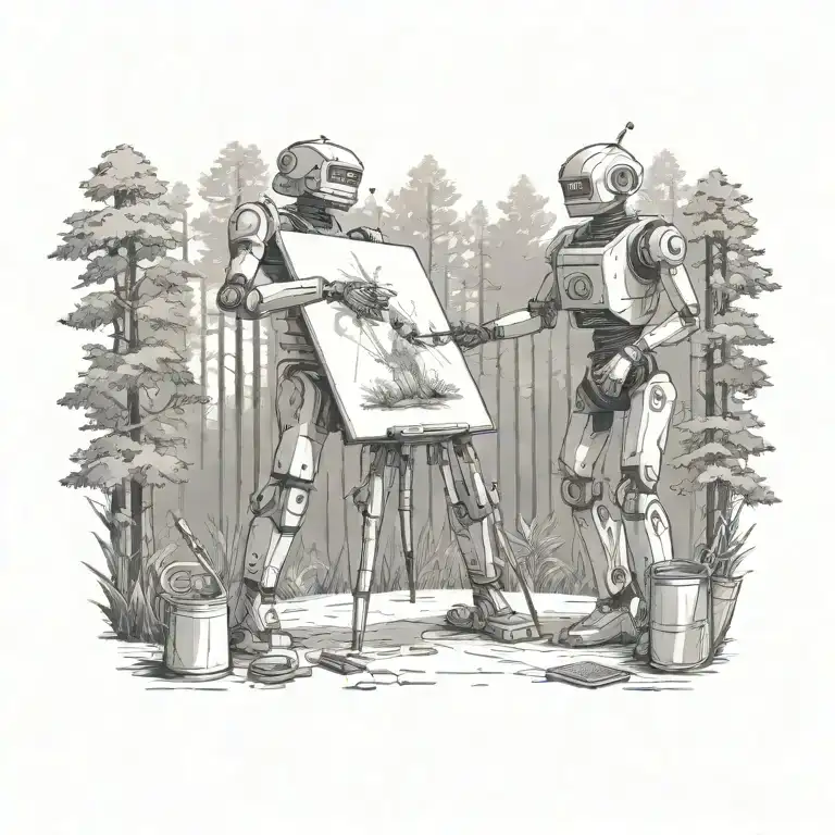 Robot artist stands in the forest and paints on a large canvas left hand holds a keyboard right hand holds a paintbrush tattoo design idea