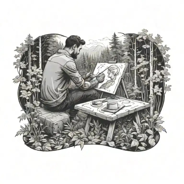 An artist is sitting in forest and drawing on a Big canvas. tattoo design idea