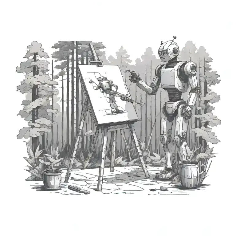 Robot artist stands in the forest and paints on a large canvas.  tattoo design idea