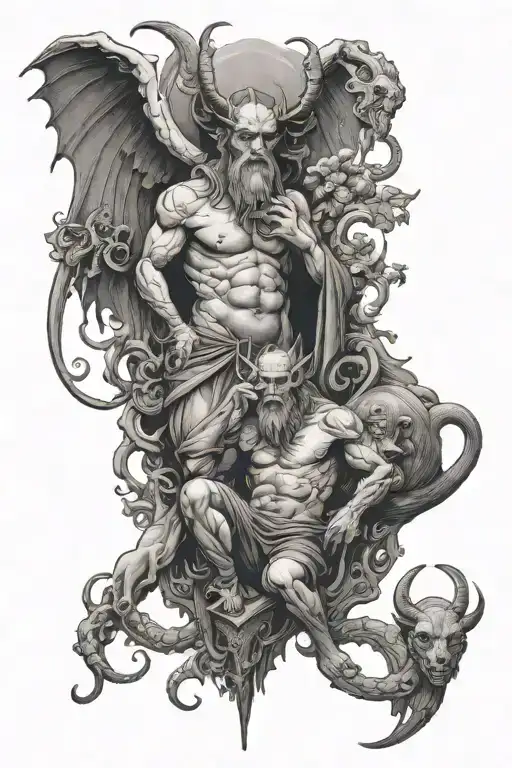 Mammon and Asmodeus surrounded by greedy and lust tattoo design idea